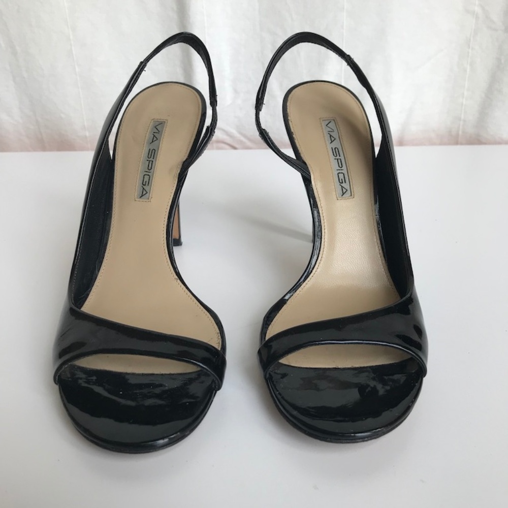 Black patent leather slingback sandals